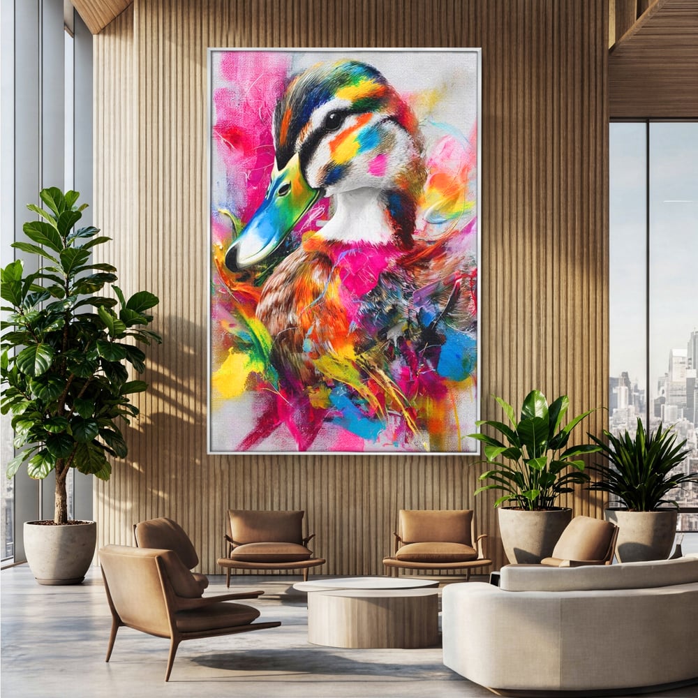 Tablou canvas cu tablou canvas cu rata colorata, in rama de aluminiu argintiu, pe perete intr-un birou